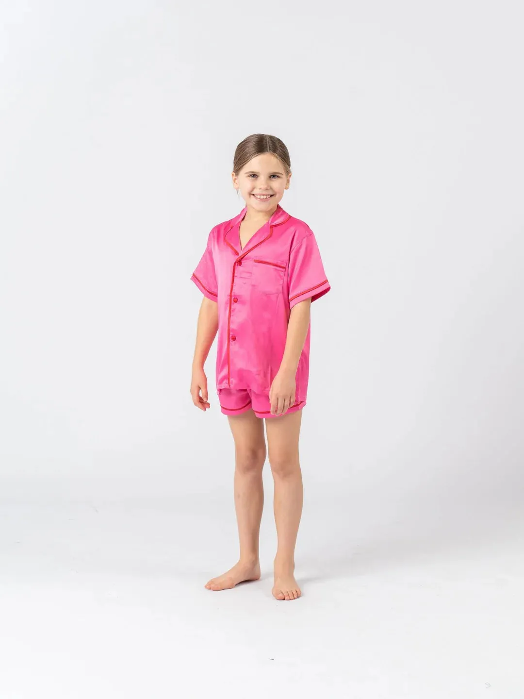 Midnight Mischief - Baby & Kids Luxe Satin Personalised Short Sleeve Pyjama Set | Hot Pink & Red