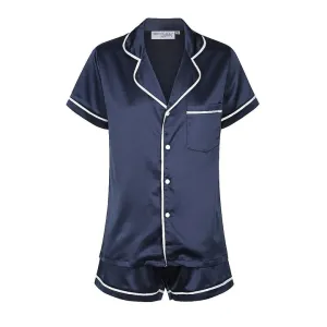 Midnight Mischief - Baby & Kids Luxe Satin Personalised Short Sleeve Pyjama Set | Navy & White
