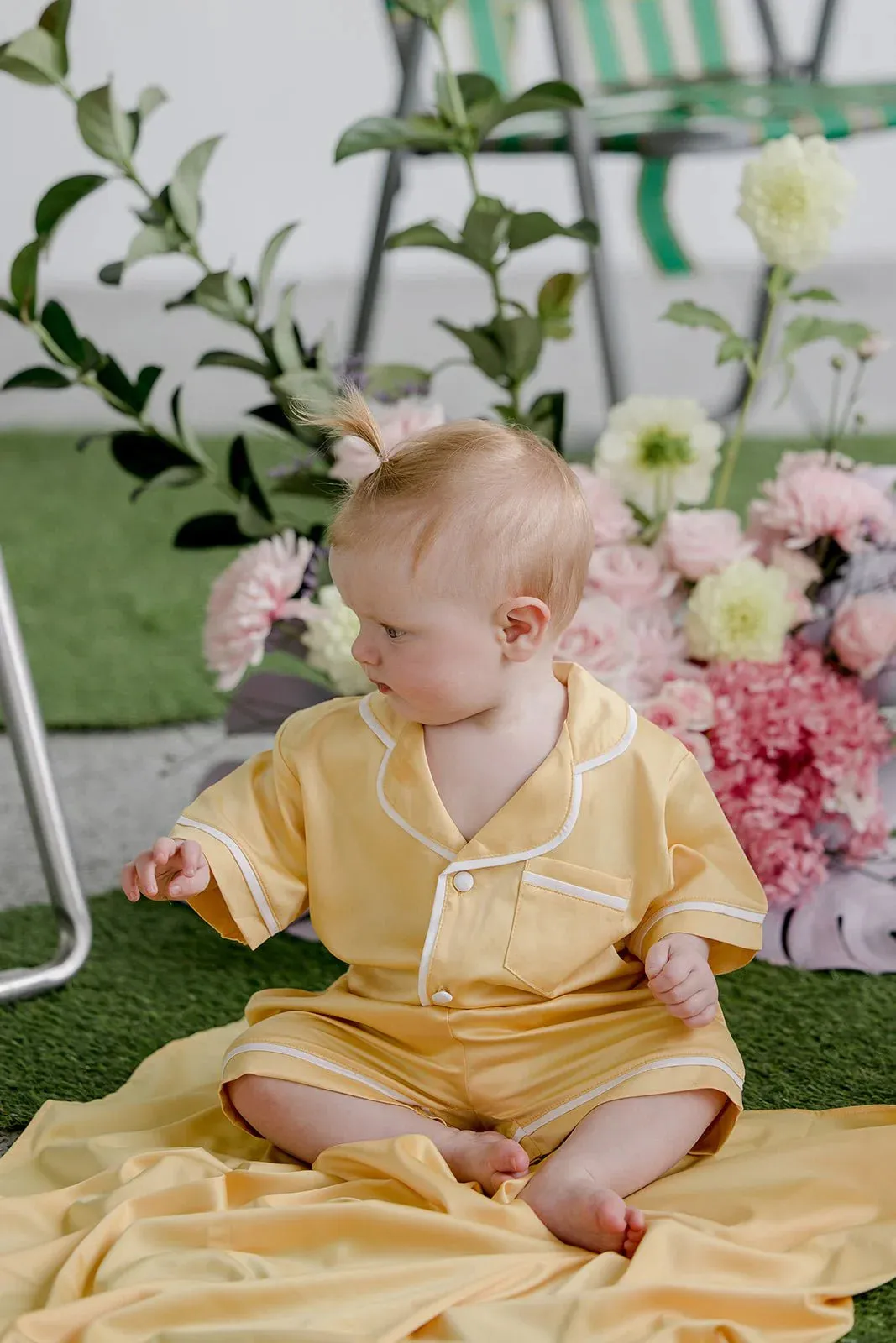 Midnight Mischief - Baby & Kids Luxe Satin Personalised Short Sleeve Pyjama Set | Yellow & White