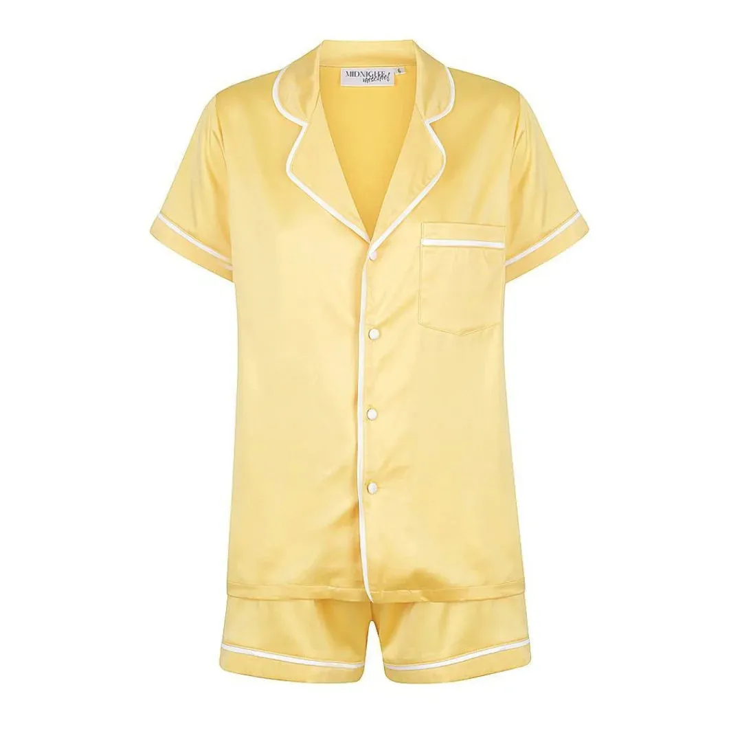 Midnight Mischief - Baby & Kids Luxe Satin Personalised Short Sleeve Pyjama Set | Yellow & White