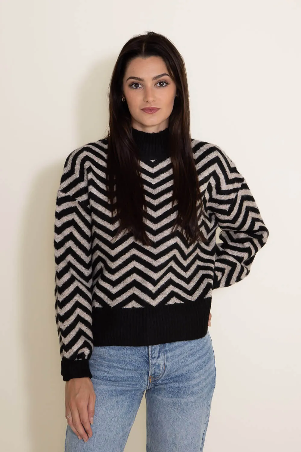 Miracle Chevron Mock Neck Sweater for Women in Black | W2339-BLACKTAUPE