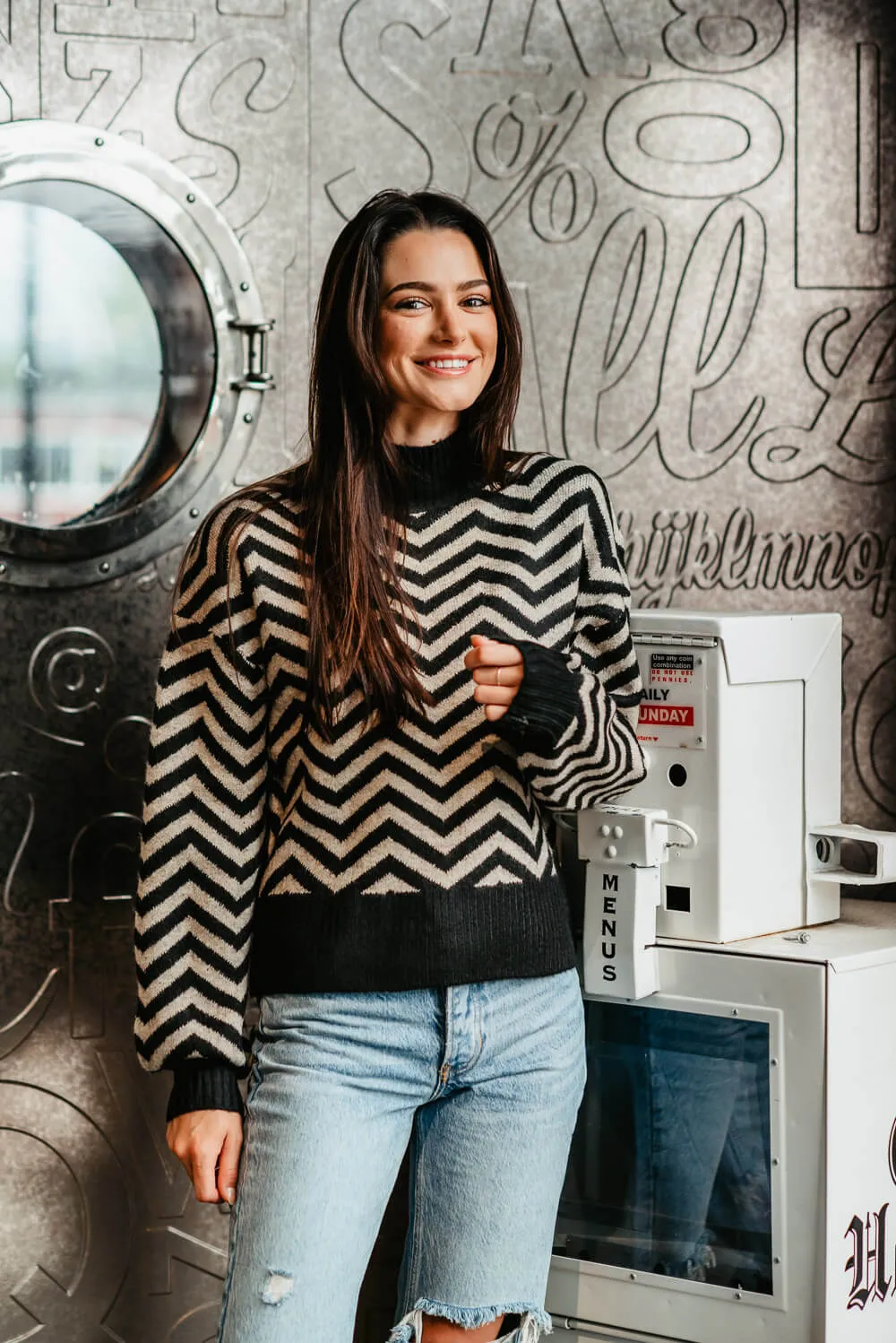 Miracle Chevron Mock Neck Sweater for Women in Black | W2339-BLACKTAUPE