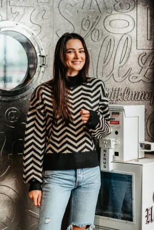 Miracle Chevron Mock Neck Sweater for Women in Black | W2339-BLACKTAUPE