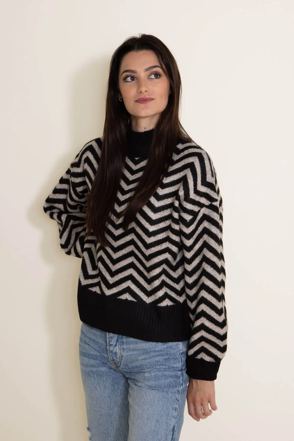 Miracle Chevron Mock Neck Sweater for Women in Black | W2339-BLACKTAUPE