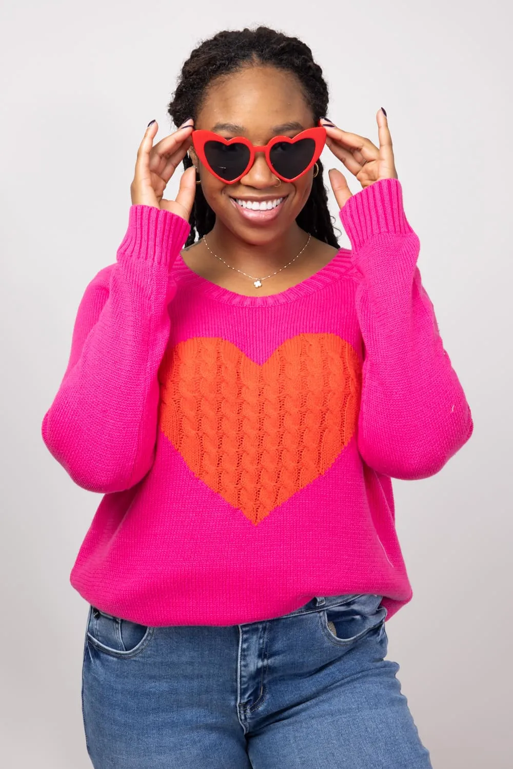 Miracle Textured Heart Sweater for Women in Hot Pink/Red | M9147-HPINKRED