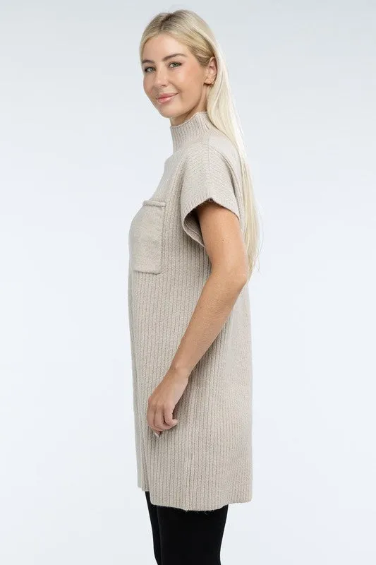 Mock Neck Short Sleeve Sweater Dress with Pocket – Cozy Meets Chic