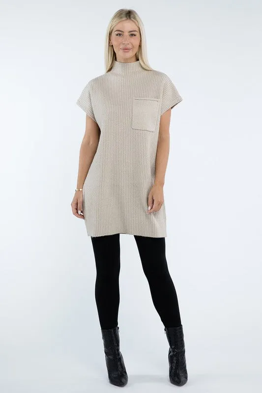 Mock Neck Short Sleeve Sweater Dress with Pocket – Cozy Meets Chic