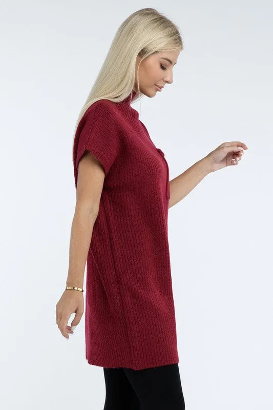 Mock Neck Short Sleeve Sweater Dress with Pocket – Cozy Meets Chic