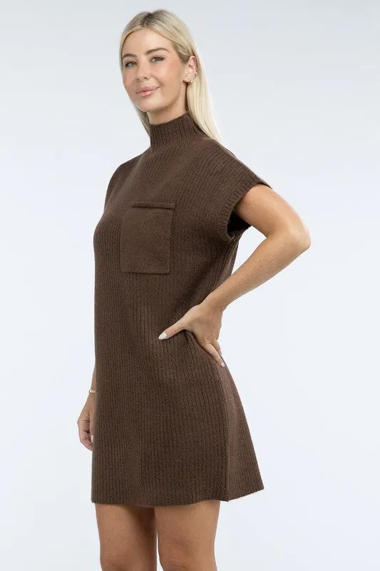 Mock Neck Short Sleeve Sweater Dress with Pocket – Cozy Meets Chic