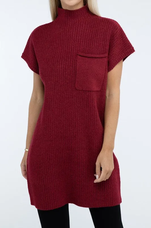Mock Neck Short Sleeve Sweater Dress with Pocket – Cozy Meets Chic