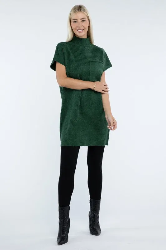Mock Neck Short Sleeve Sweater Dress with Pocket – Cozy Meets Chic