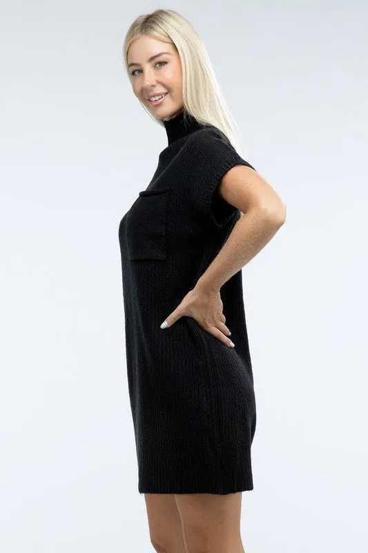 Mock Neck Short Sleeve Sweater Dress with Pocket – Cozy Meets Chic