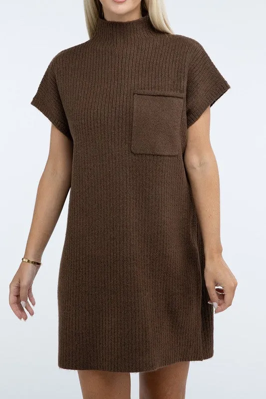 Mock Neck Short Sleeve Sweater Dress with Pocket – Cozy Meets Chic