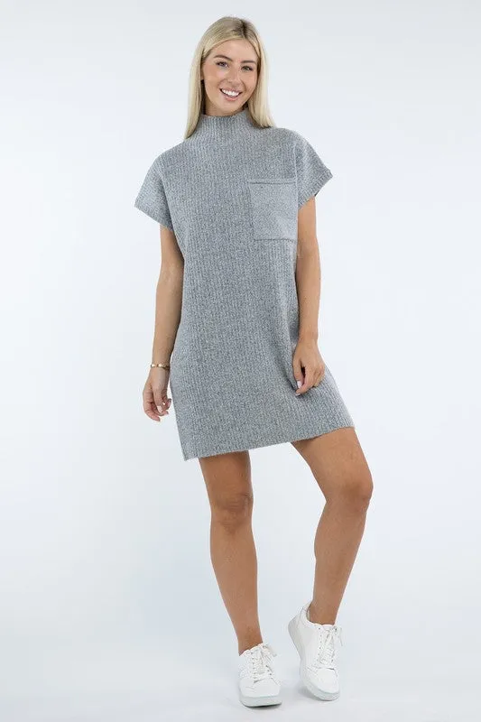 Mock Neck Short Sleeve Sweater Dress with Pocket – Cozy Meets Chic