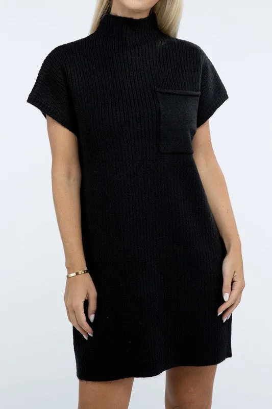 Mock Neck Short Sleeve Sweater Dress with Pocket – Cozy Meets Chic