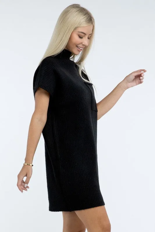Mock Neck Short Sleeve Sweater Dress with Pocket – Cozy Meets Chic