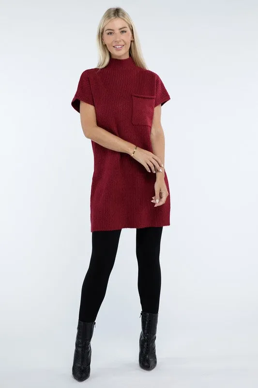 Mock Neck Short Sleeve Sweater Dress with Pocket – Cozy Meets Chic