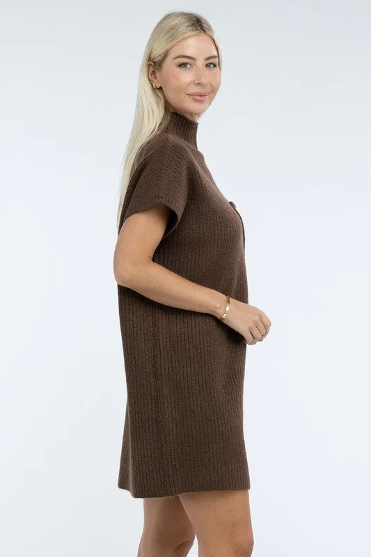 Mock Neck Short Sleeve Sweater Dress with Pocket – Cozy Meets Chic