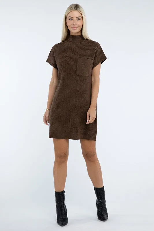 Mock Neck Short Sleeve Sweater Dress with Pocket – Cozy Meets Chic