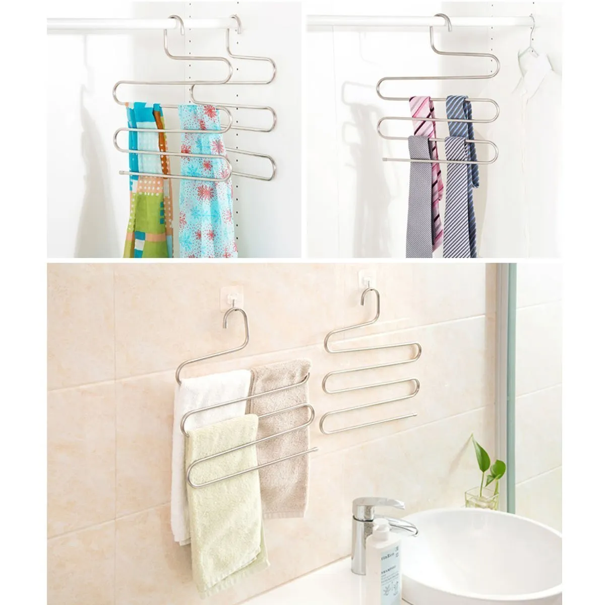 Multi-Purpose Pants Hangers, CEISPOB S-type 5 Layers Stainless Steel Clothes Hangers Storage Pant Rack Closet Space Saver for Trousers Jeans Towels Scarf Tie (4 pack)