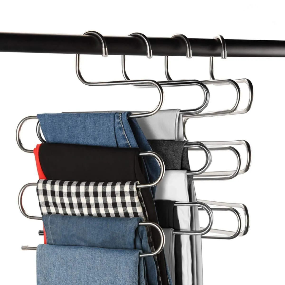 Multi-Purpose Pants Hangers, CEISPOB S-type 5 Layers Stainless Steel Clothes Hangers Storage Pant Rack Closet Space Saver for Trousers Jeans Towels Scarf Tie (4 pack)