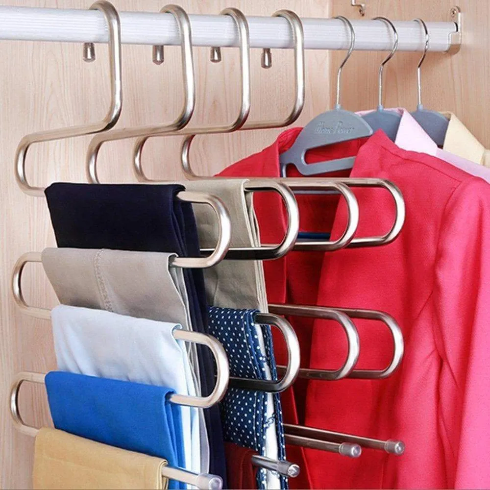 Multi-Purpose Pants Hangers, CEISPOB S-type 5 Layers Stainless Steel Clothes Hangers Storage Pant Rack Closet Space Saver for Trousers Jeans Towels Scarf Tie (4 pack)