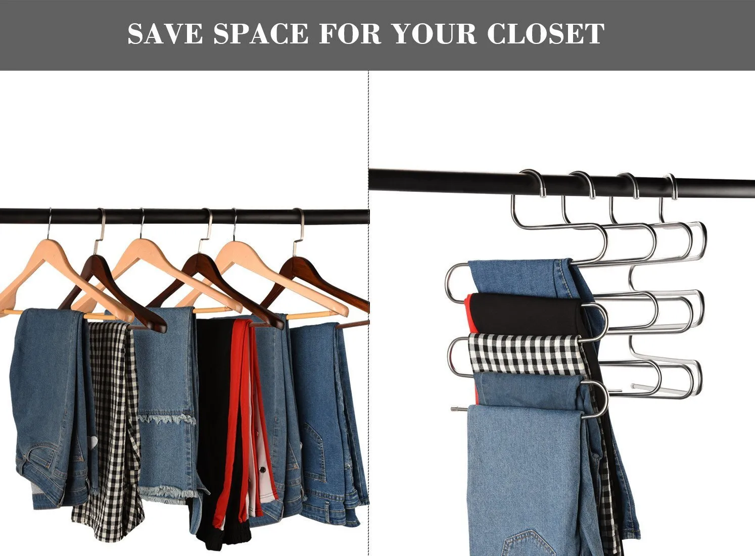 Multi-Purpose Pants Hangers, CEISPOB S-type 5 Layers Stainless Steel Clothes Hangers Storage Pant Rack Closet Space Saver for Trousers Jeans Towels Scarf Tie (4 pack)