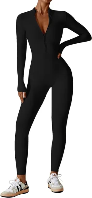 New with tags! Ecupper Womens One Piece Workout Jumpsuits Zip Up Bodysuit Long Sleeve Yoga Rompers Full Length Sports Gym Shapewear Black, Sz M! Retails $50 