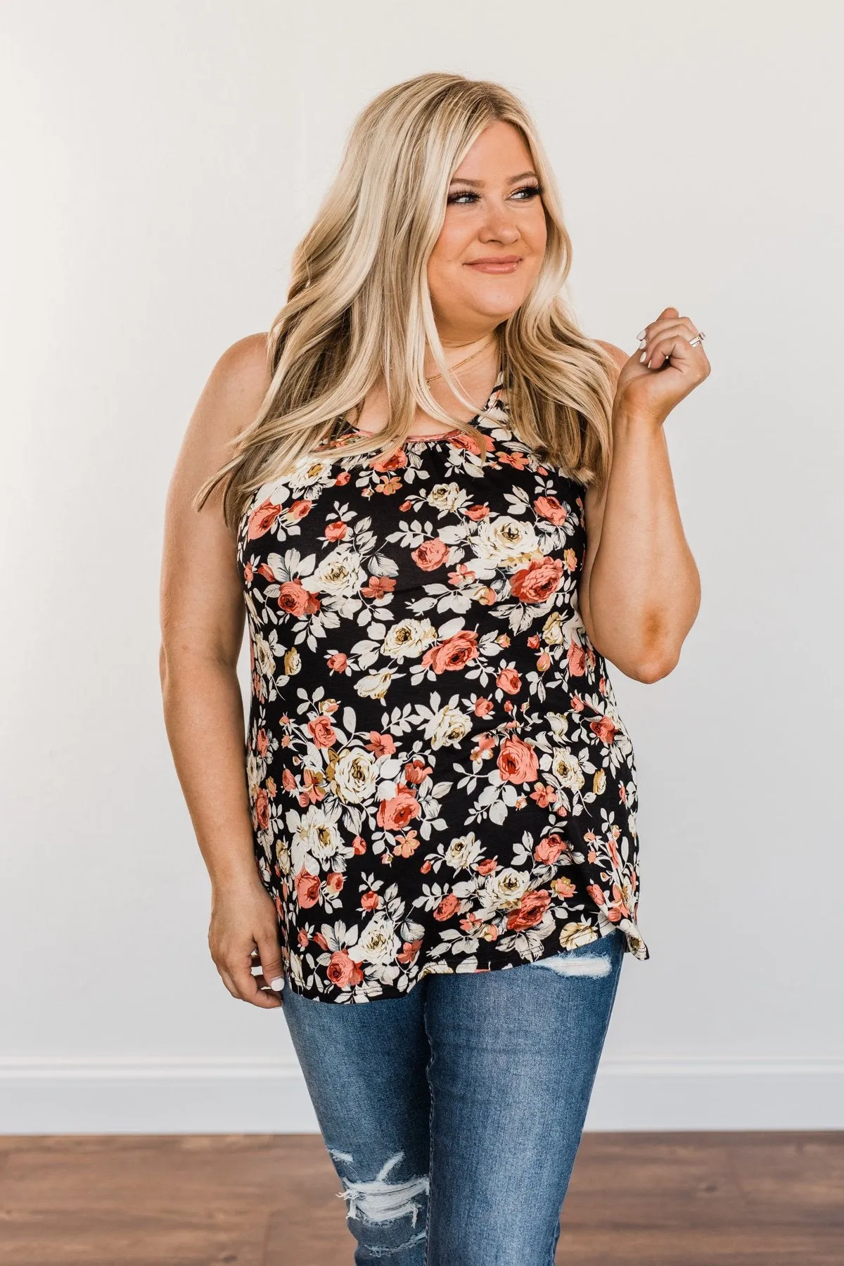 Next To You Floral Tank Top- Black