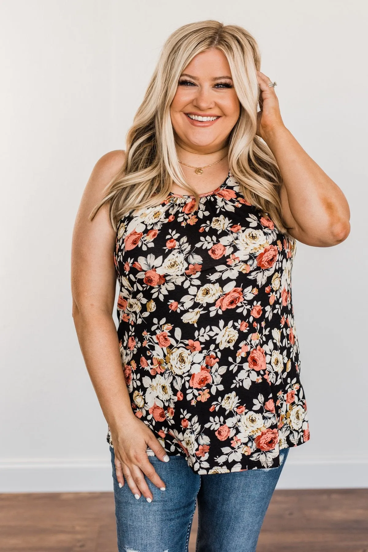 Next To You Floral Tank Top- Black