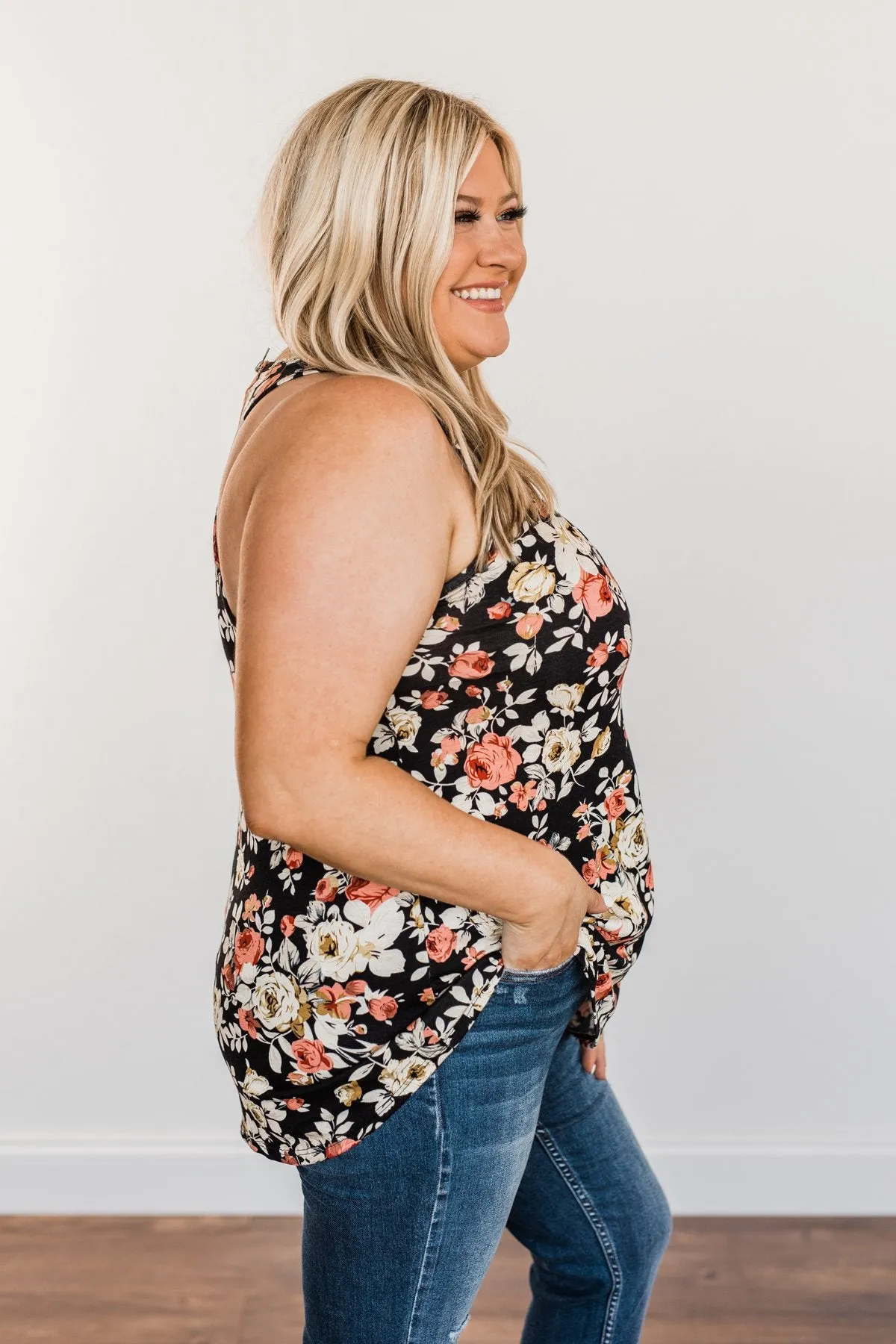 Next To You Floral Tank Top- Black