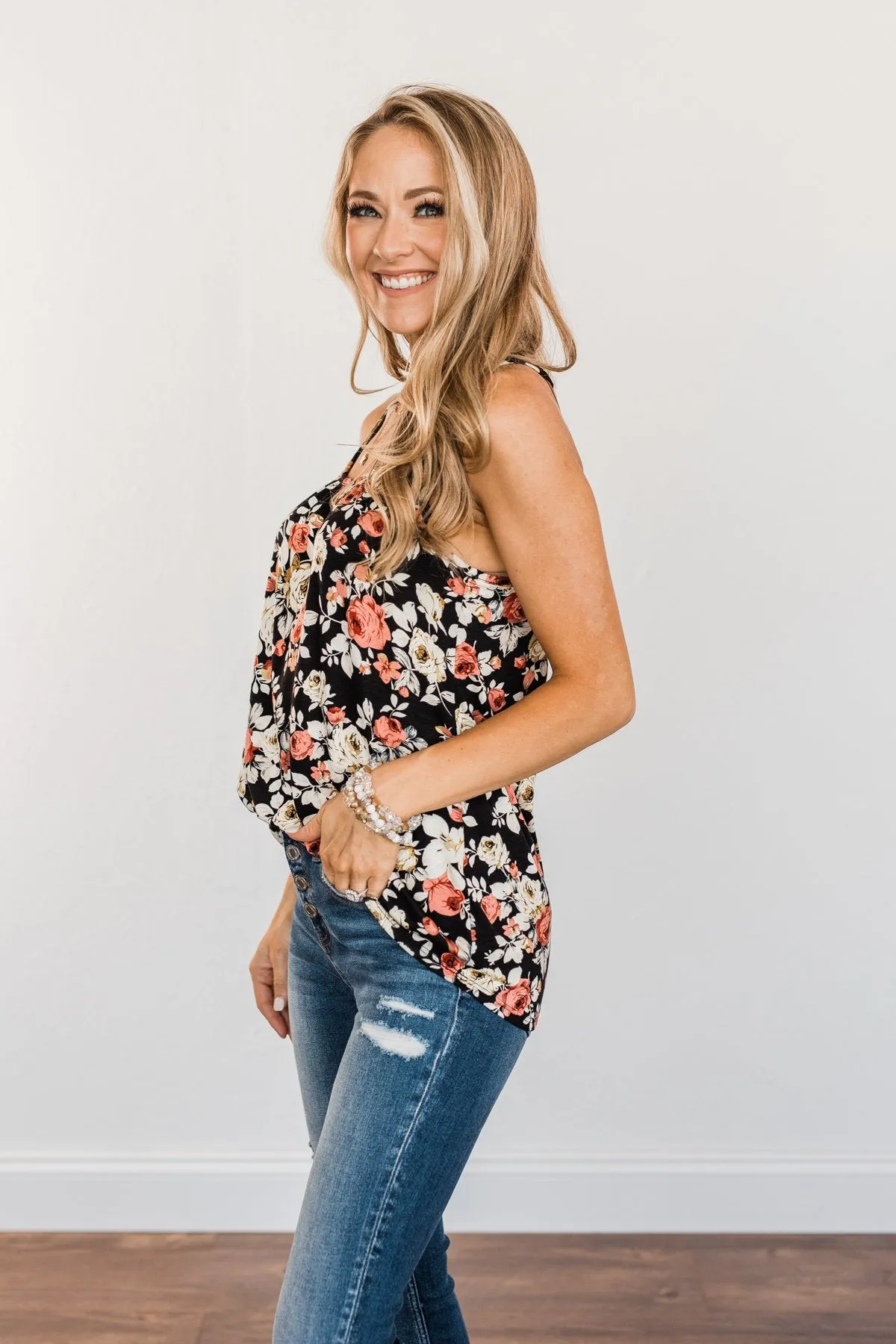 Next To You Floral Tank Top- Black