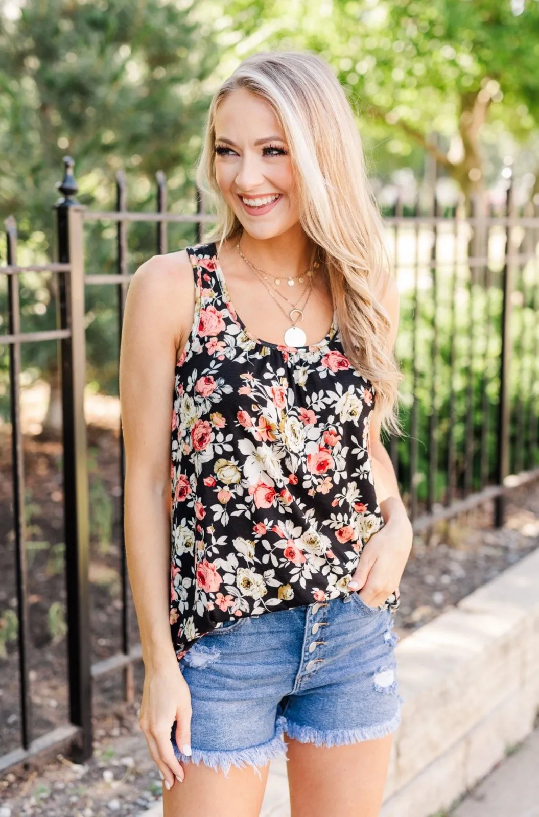 Next To You Floral Tank Top- Black