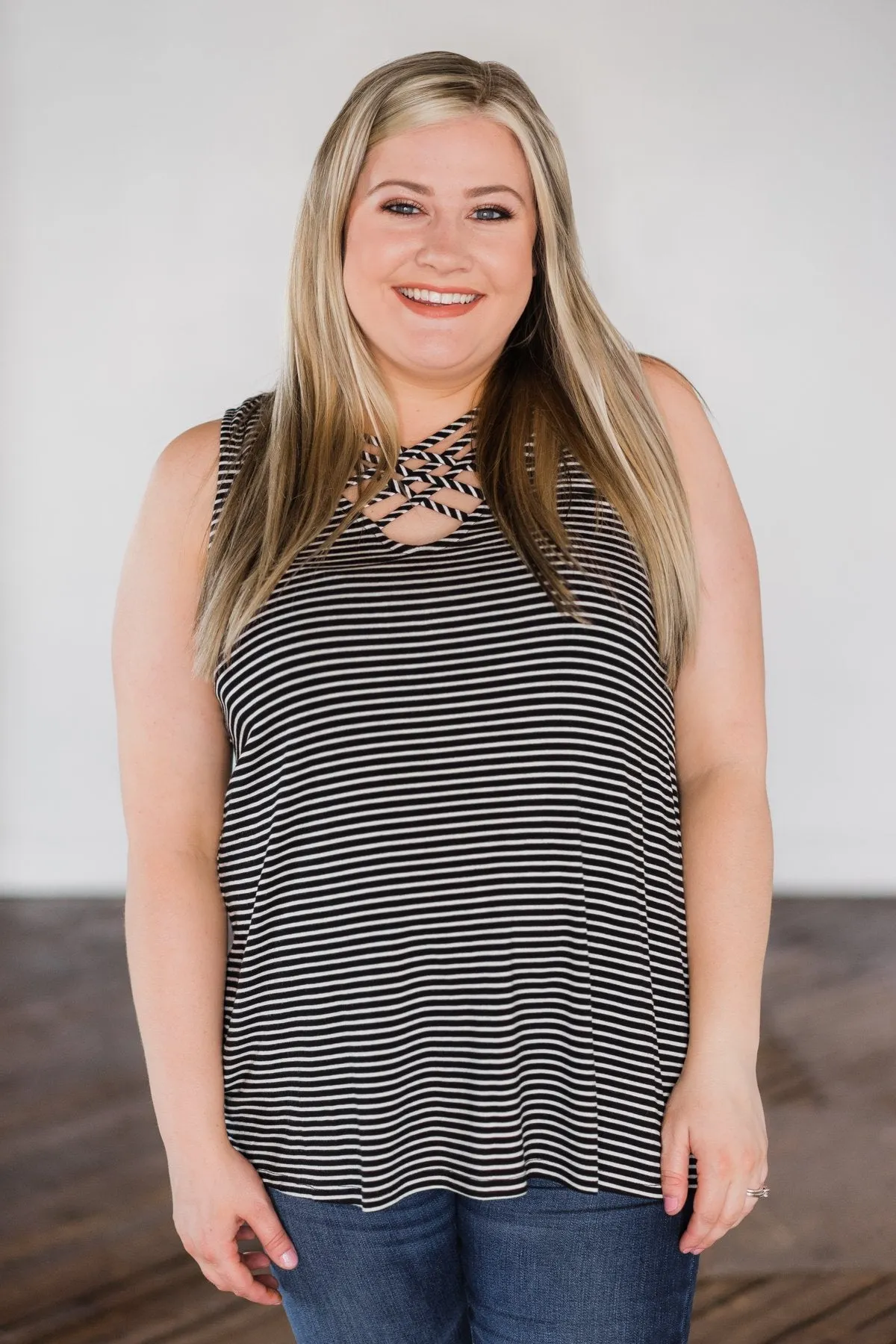 No Better Time Striped Tank Top- Black