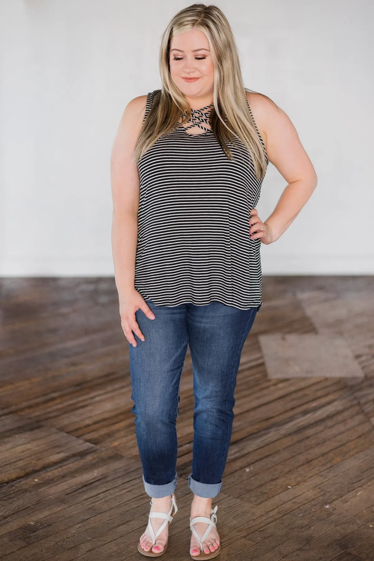 No Better Time Striped Tank Top- Black