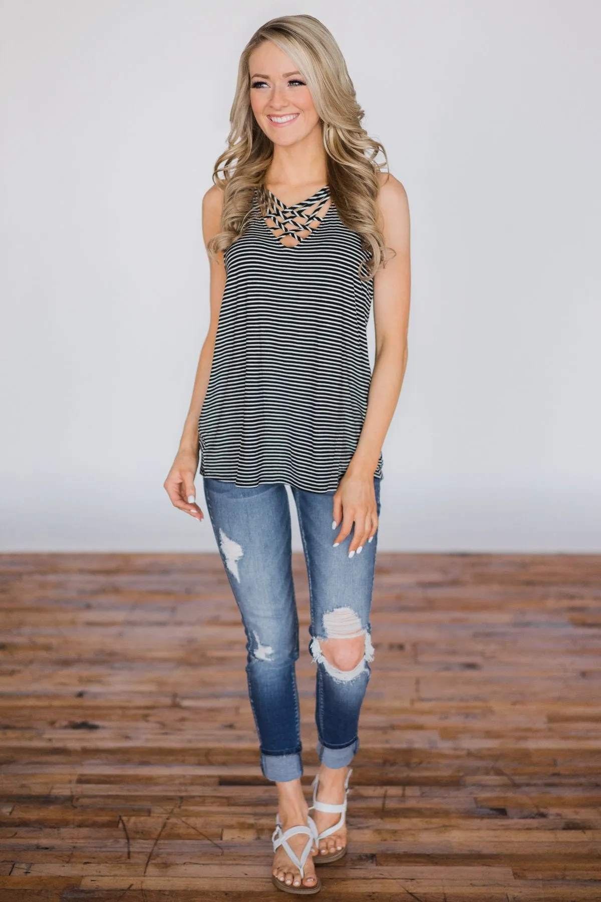 No Better Time Striped Tank Top- Black