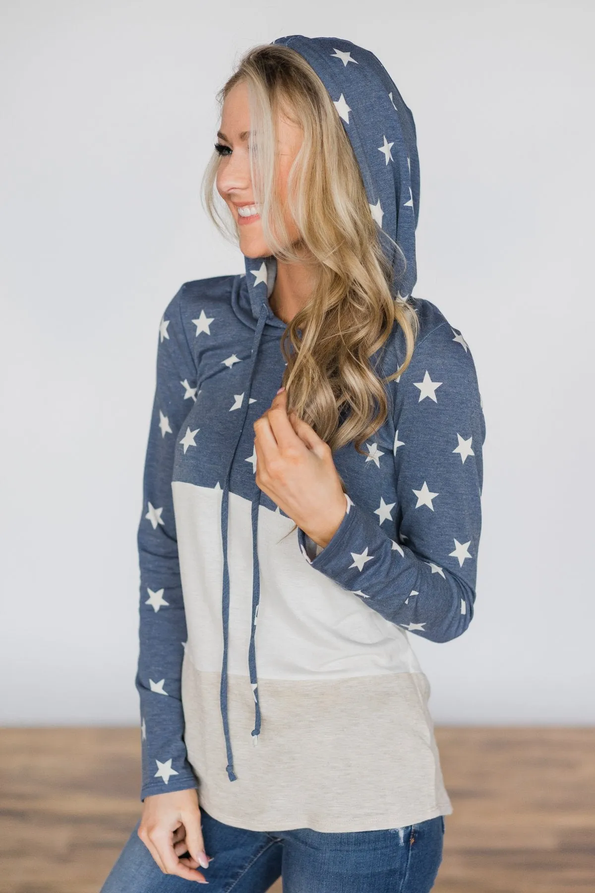 Off She Goes Dusty Blue Color Block Hoodie