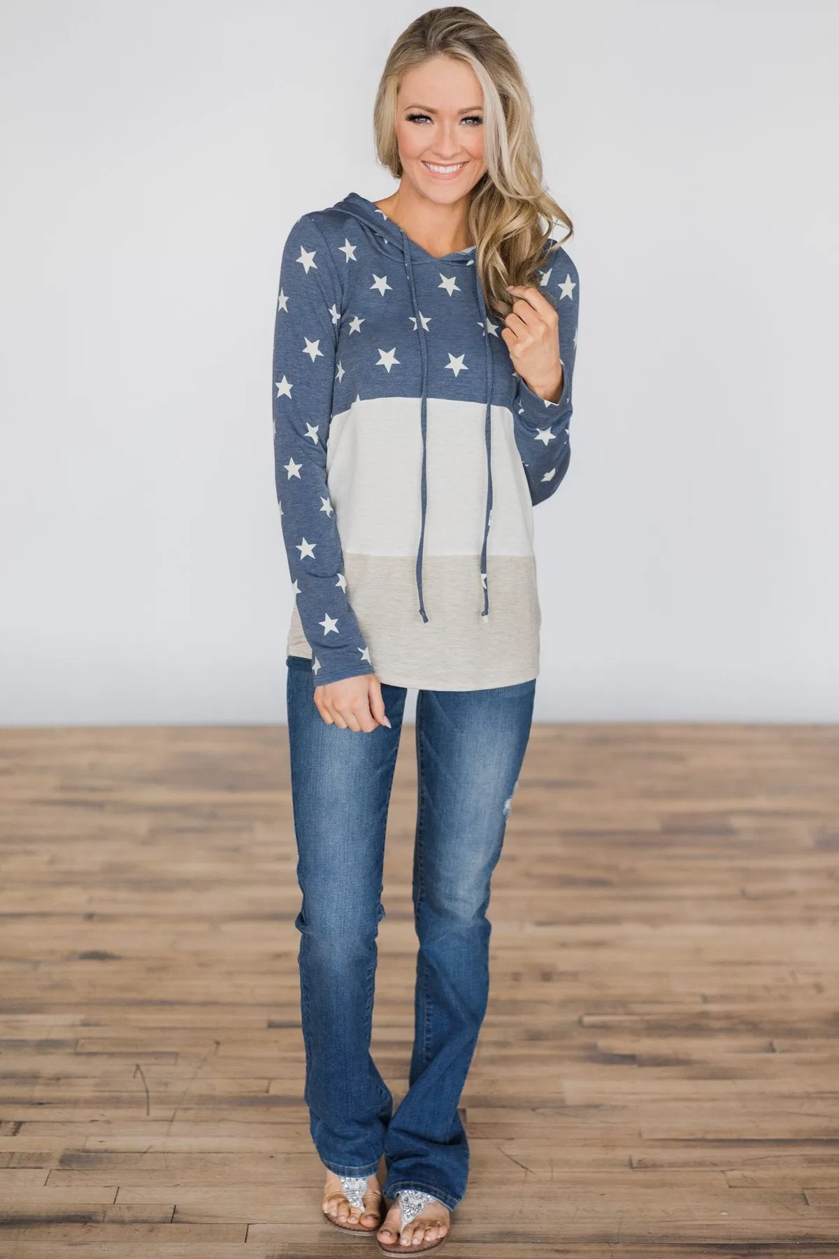 Off She Goes Dusty Blue Color Block Hoodie