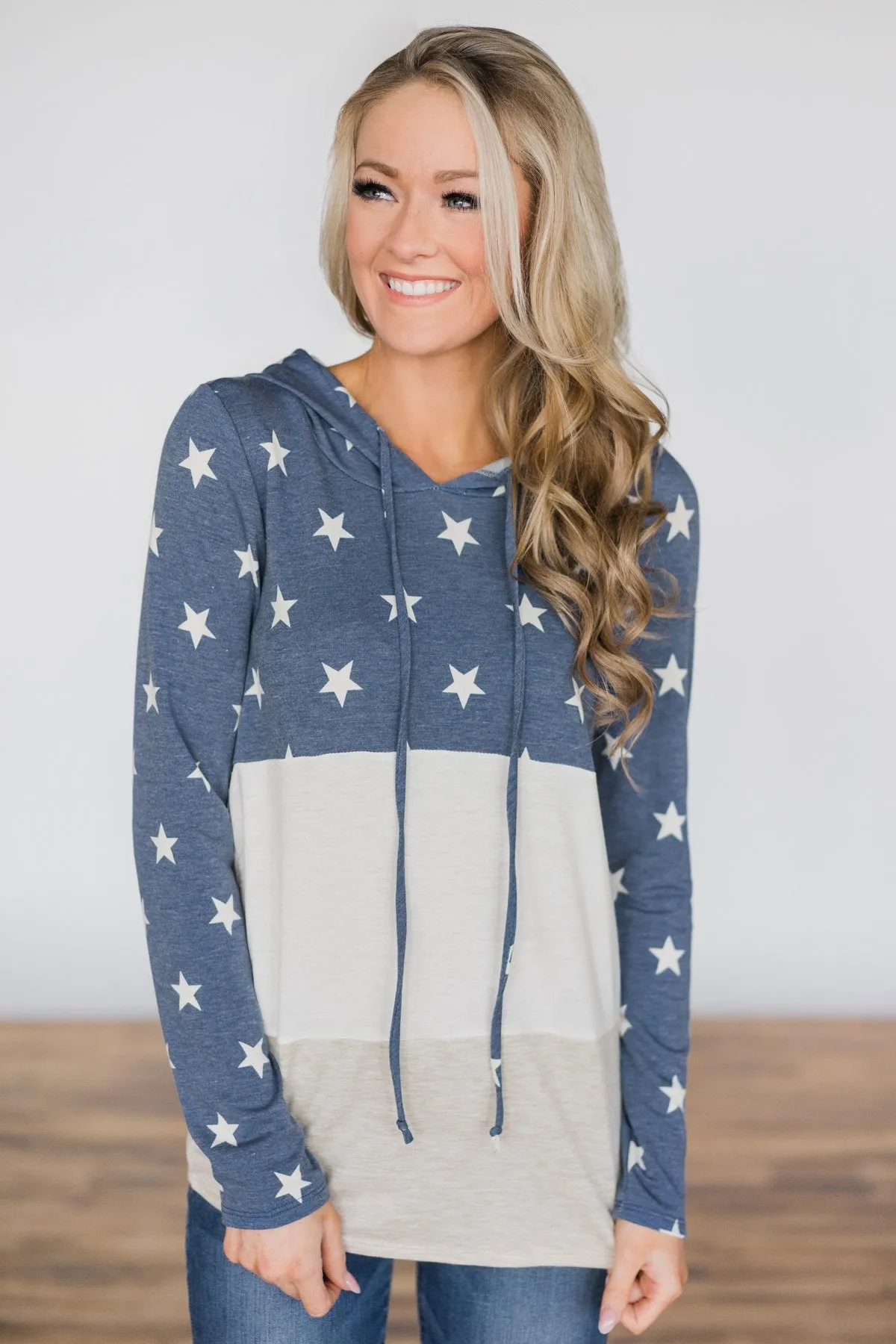 Off She Goes Dusty Blue Color Block Hoodie