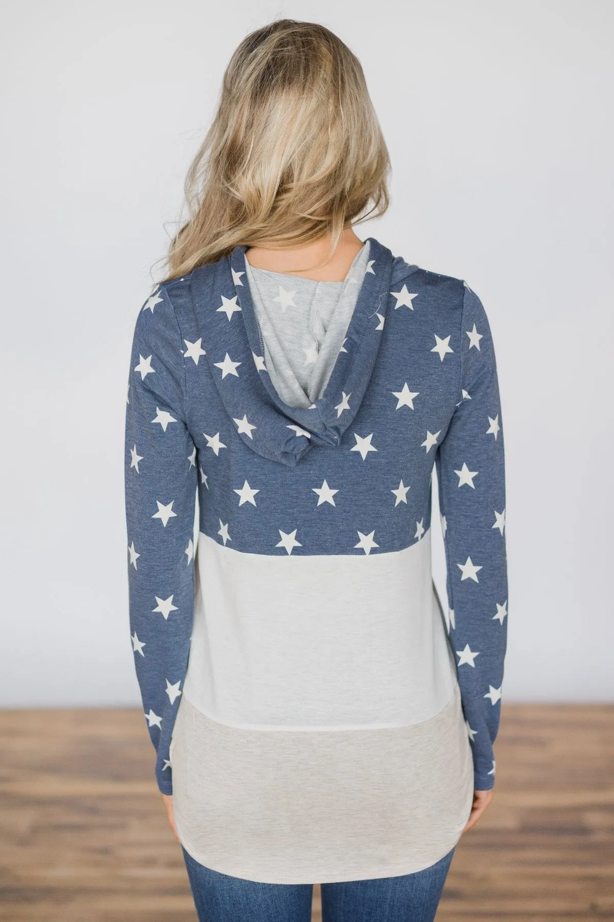 Off She Goes Dusty Blue Color Block Hoodie