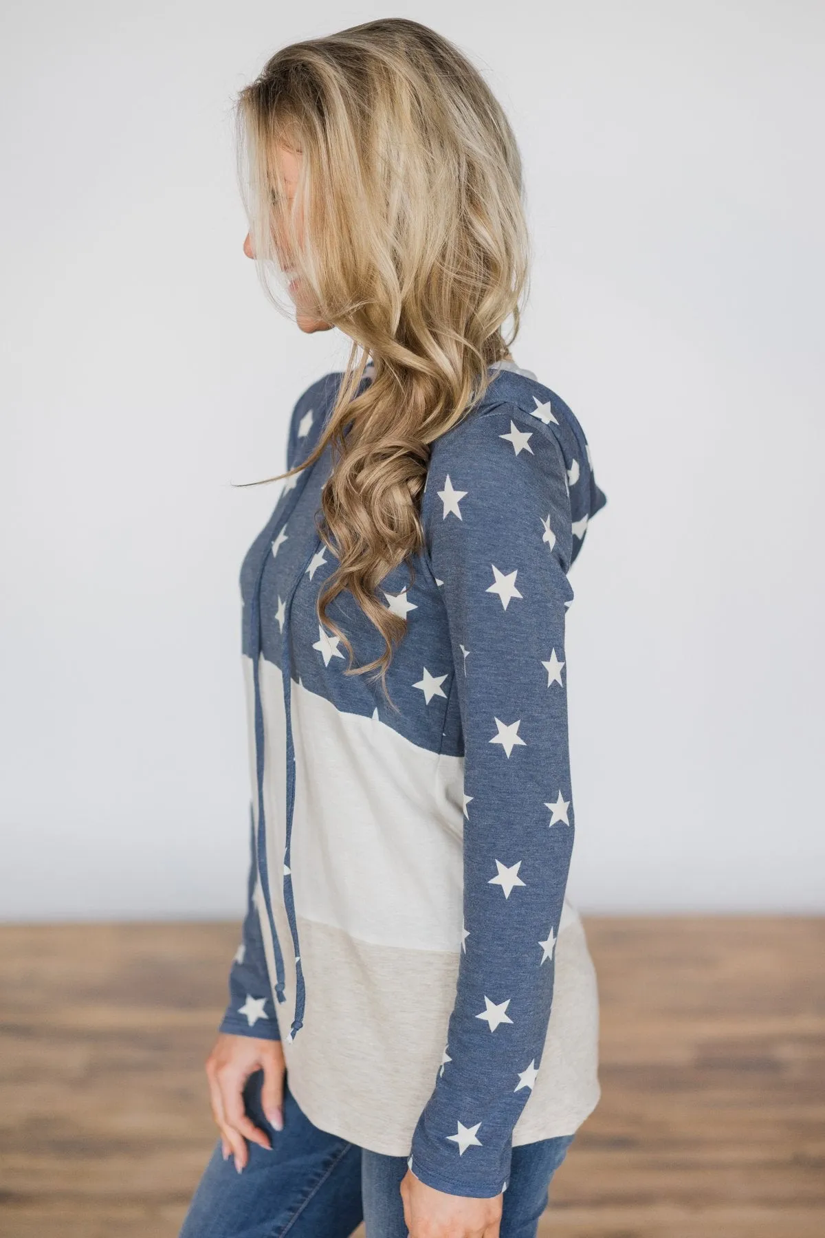Off She Goes Dusty Blue Color Block Hoodie