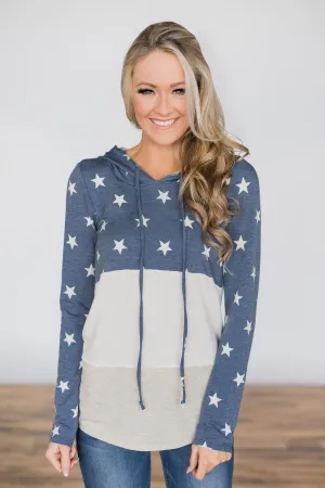 Off She Goes Dusty Blue Color Block Hoodie