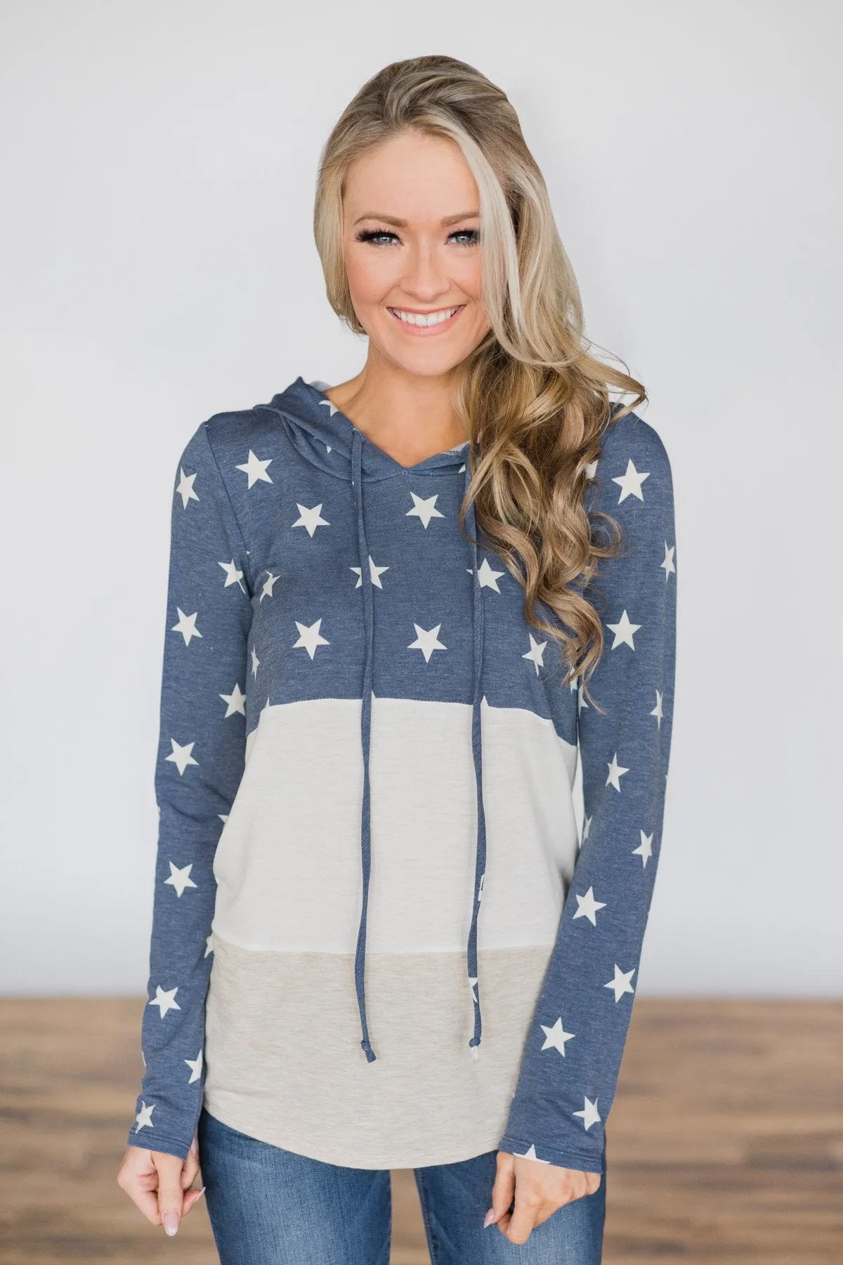 Off She Goes Dusty Blue Color Block Hoodie