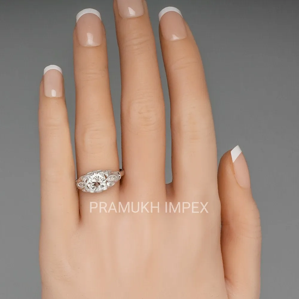 Old European Cut Diamond  Antique Engagement Ring , 14k White Gold 1920s Moissanite Vintage Ring , Anniversary Ring , Gift fer her , 1.53TDW