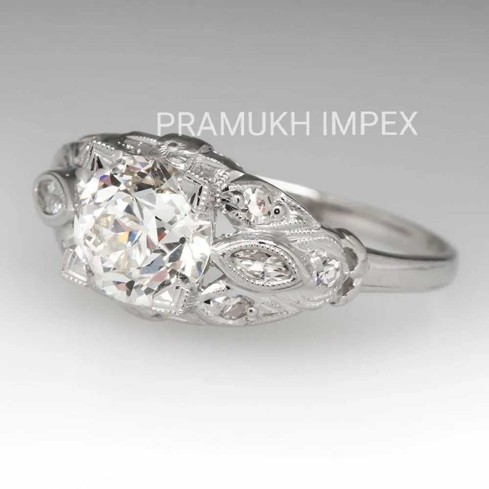 Old European Cut Diamond  Antique Engagement Ring , 14k White Gold 1920s Moissanite Vintage Ring , Anniversary Ring , Gift fer her , 1.53TDW