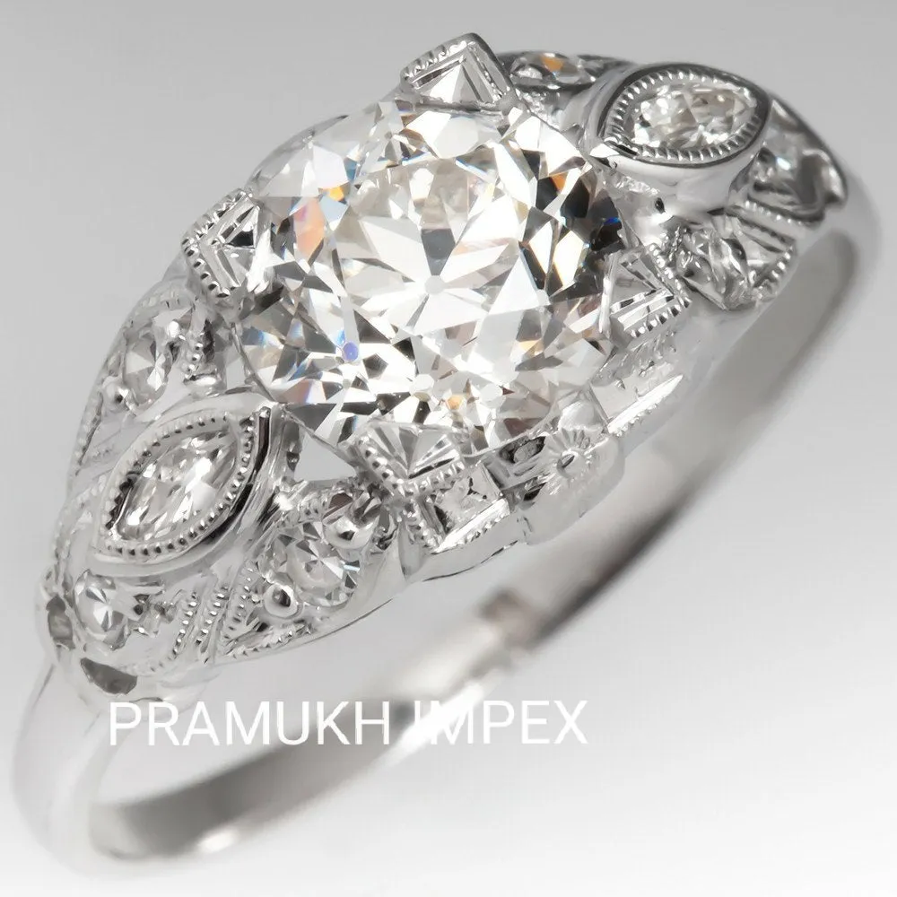 Old European Cut Diamond  Antique Engagement Ring , 14k White Gold 1920s Moissanite Vintage Ring , Anniversary Ring , Gift fer her , 1.53TDW
