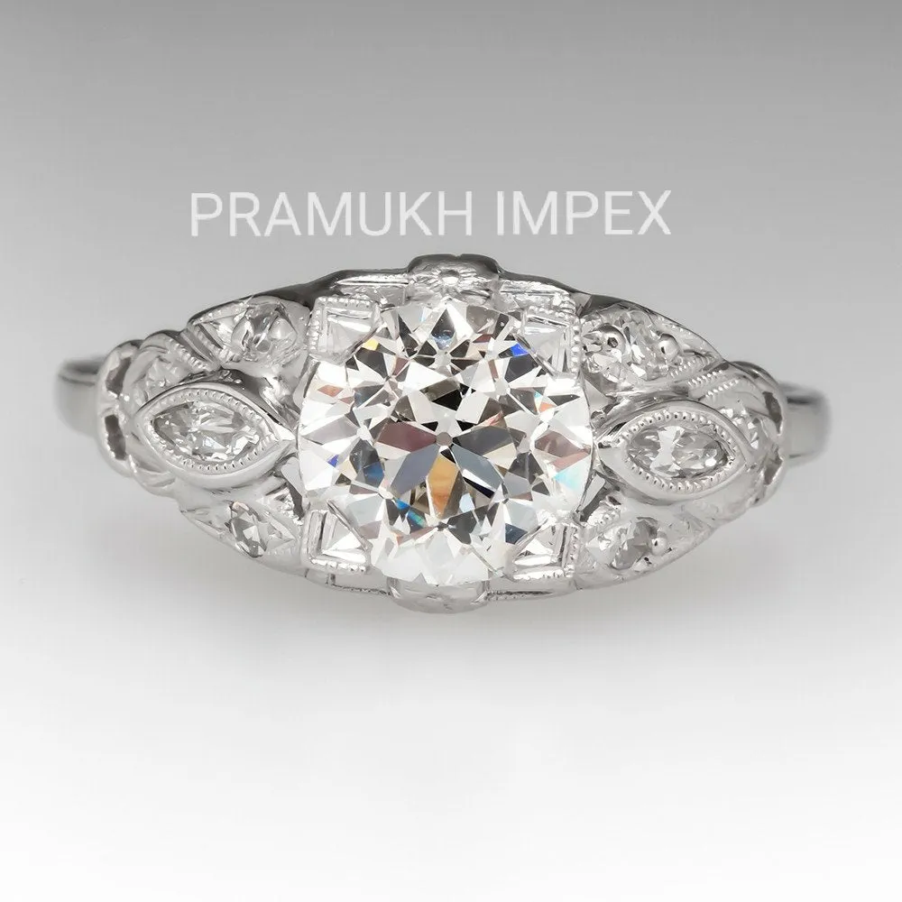 Old European Cut Diamond  Antique Engagement Ring , 14k White Gold 1920s Moissanite Vintage Ring , Anniversary Ring , Gift fer her , 1.53TDW