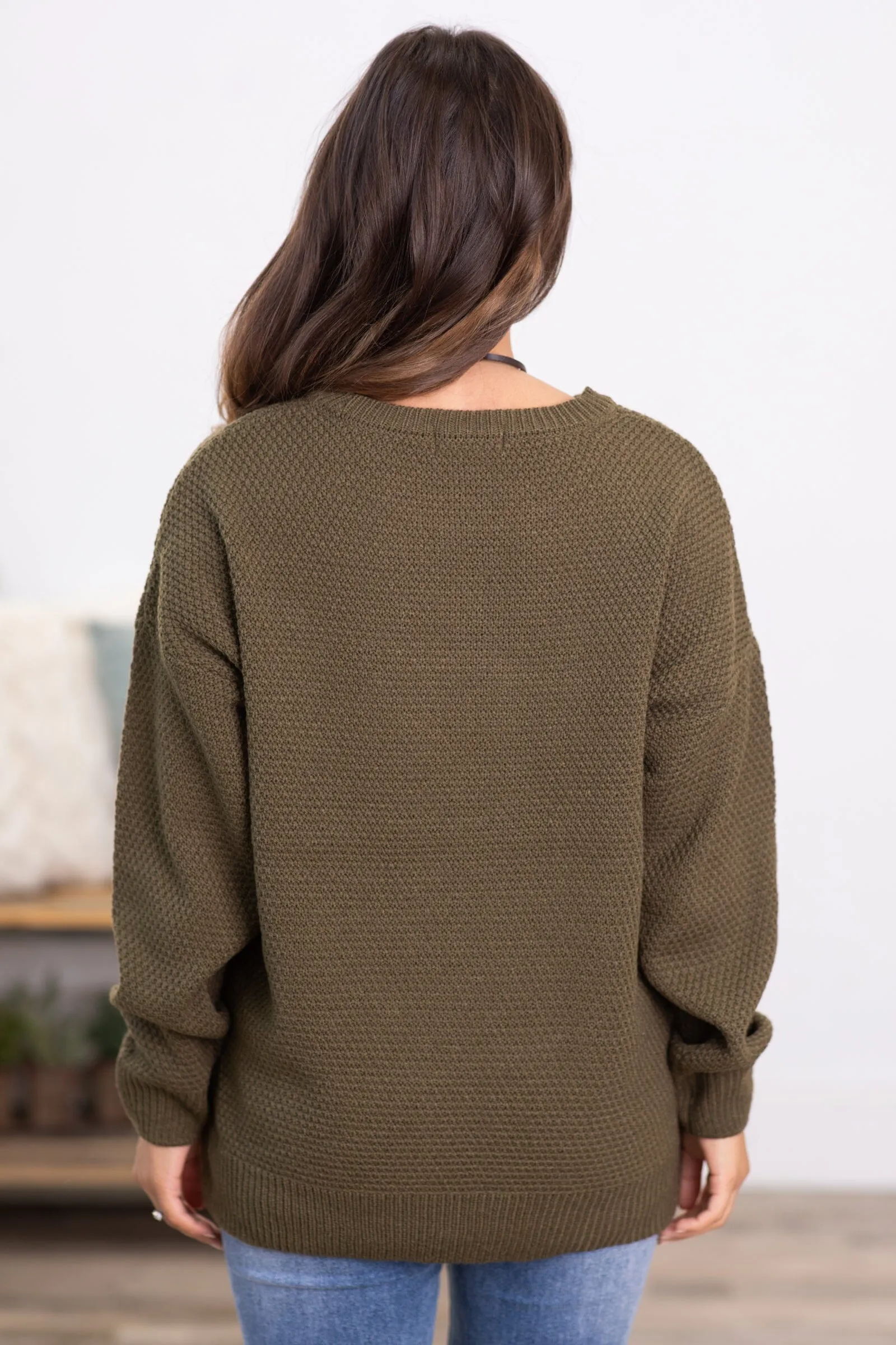 Olive Ribbed Trim Round Neck Basic Sweater