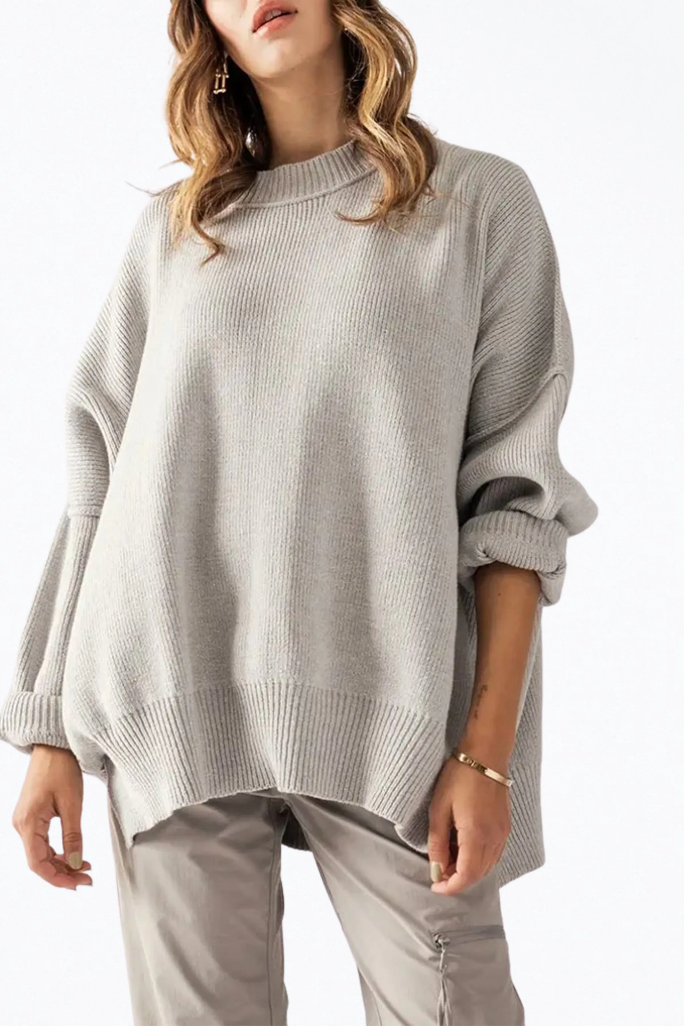 OVERSIZED COTTON-BLEND RIBBED-KNIT SWEATER