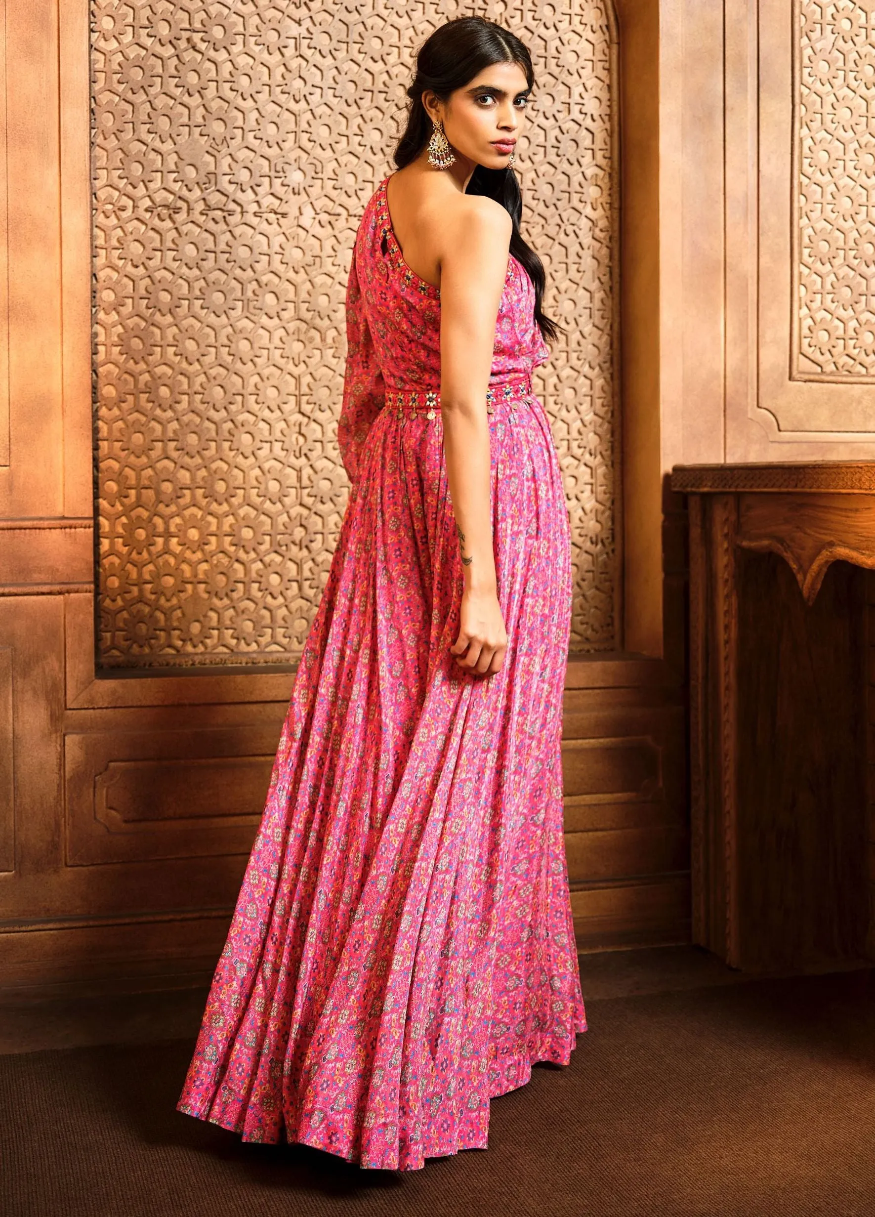 Pink persian one shoulder jumpsuit and belt